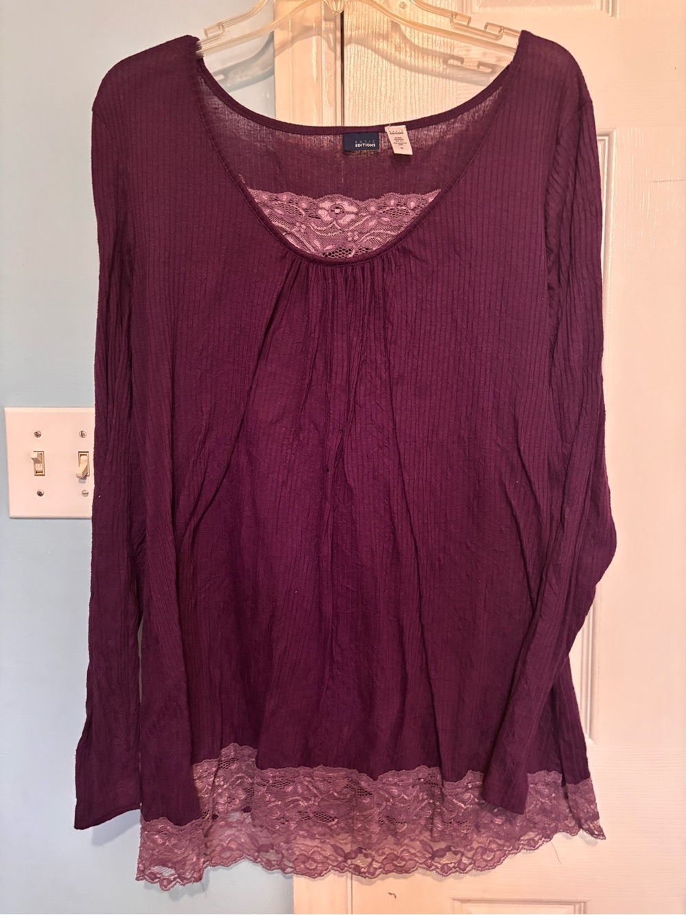Basic Editions Plum Lace-Trim Long Sleeve Tee
